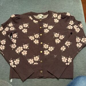 Forward Young Contemporary Brown Floral Cardigan Puffed Shoulder‎ Gold Button M